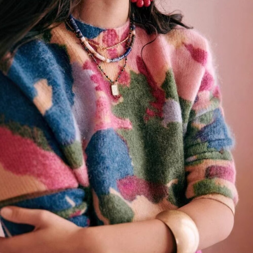 Sezane Multicolor Floral Crewneck Sweater - Pink, Blue, Green - Picture 2 of 6